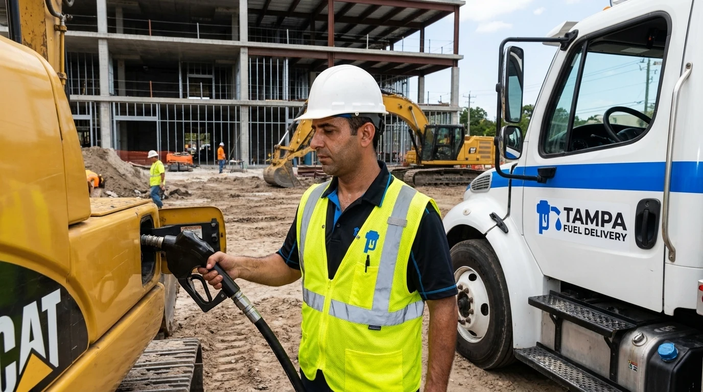 Tampa Fuel Delivery truck fueling construction equipment at a new-build job site in Riverview, FL