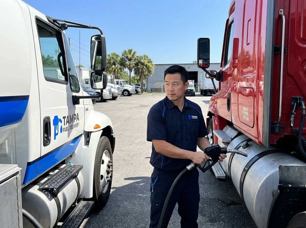 Tampa Fuel Delivery technician fueling a commercial box truck on-site