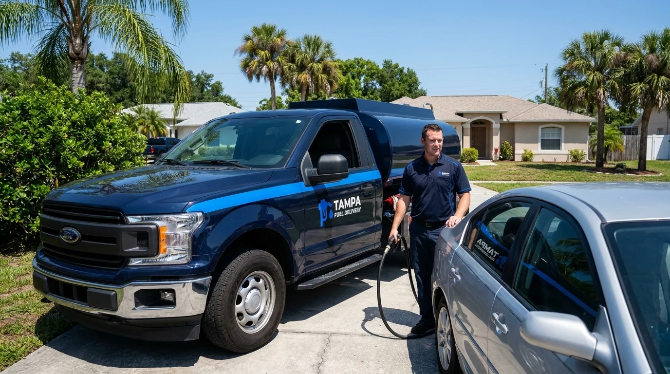 Tampa Fuel Delivery branded truck fueling a car in a Riverview, FL driveway before the school run