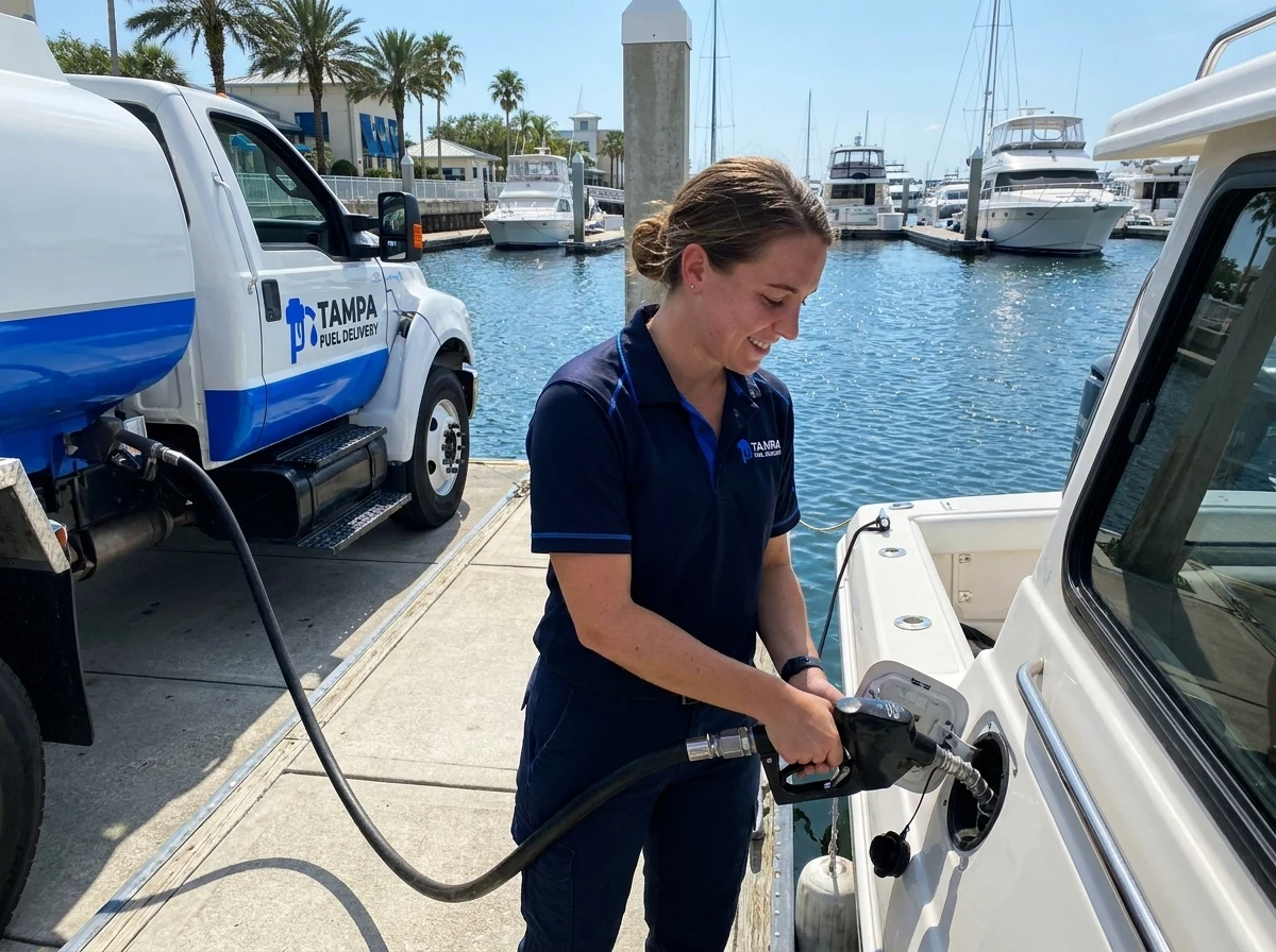 Tampa Fuel Delivery technician fueling a boat dockside near Davis Islands in South Tampa, FL