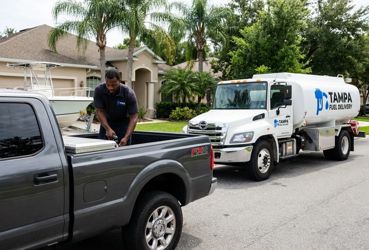 Tampa Fuel Delivery technician fueling a personal diesel pickup truck in Tampa, Florida