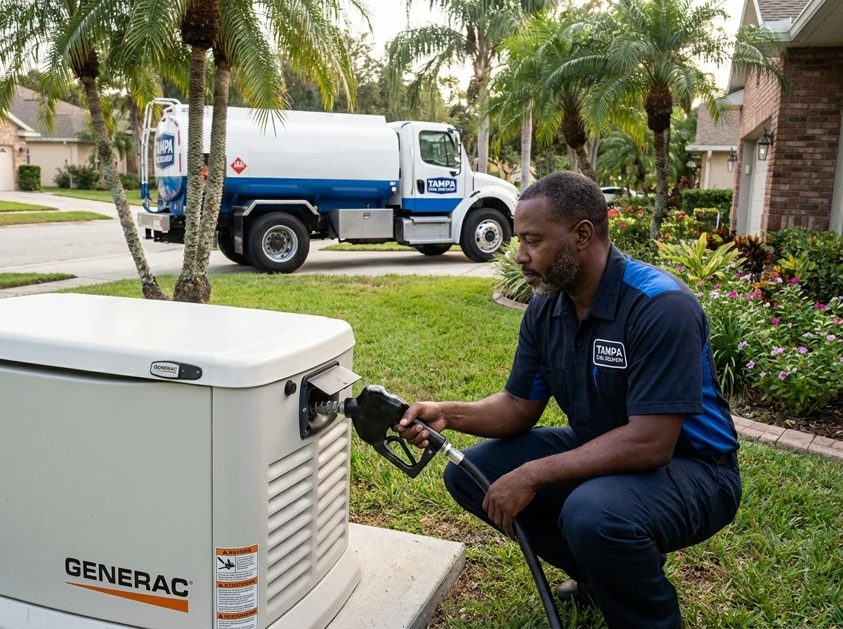 Tampa Fuel Delivery technician fueling a standby generator in the Bloomingdale area of Brandon, FL